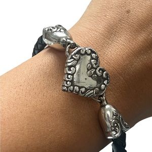 Brighton Silver Victorian Heart Black Leather Bar Bead Retired Bracelet 6" to 7"